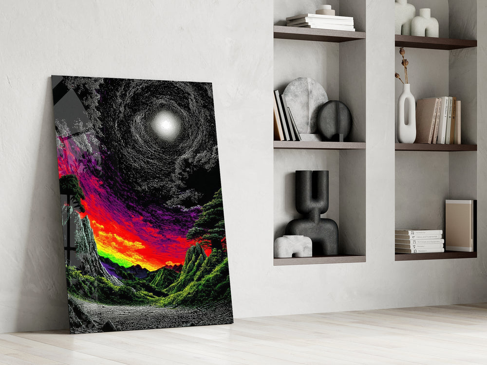 a neon valley under a moonlit rainbow sunset panel resting in a shelving niche in a modern interior