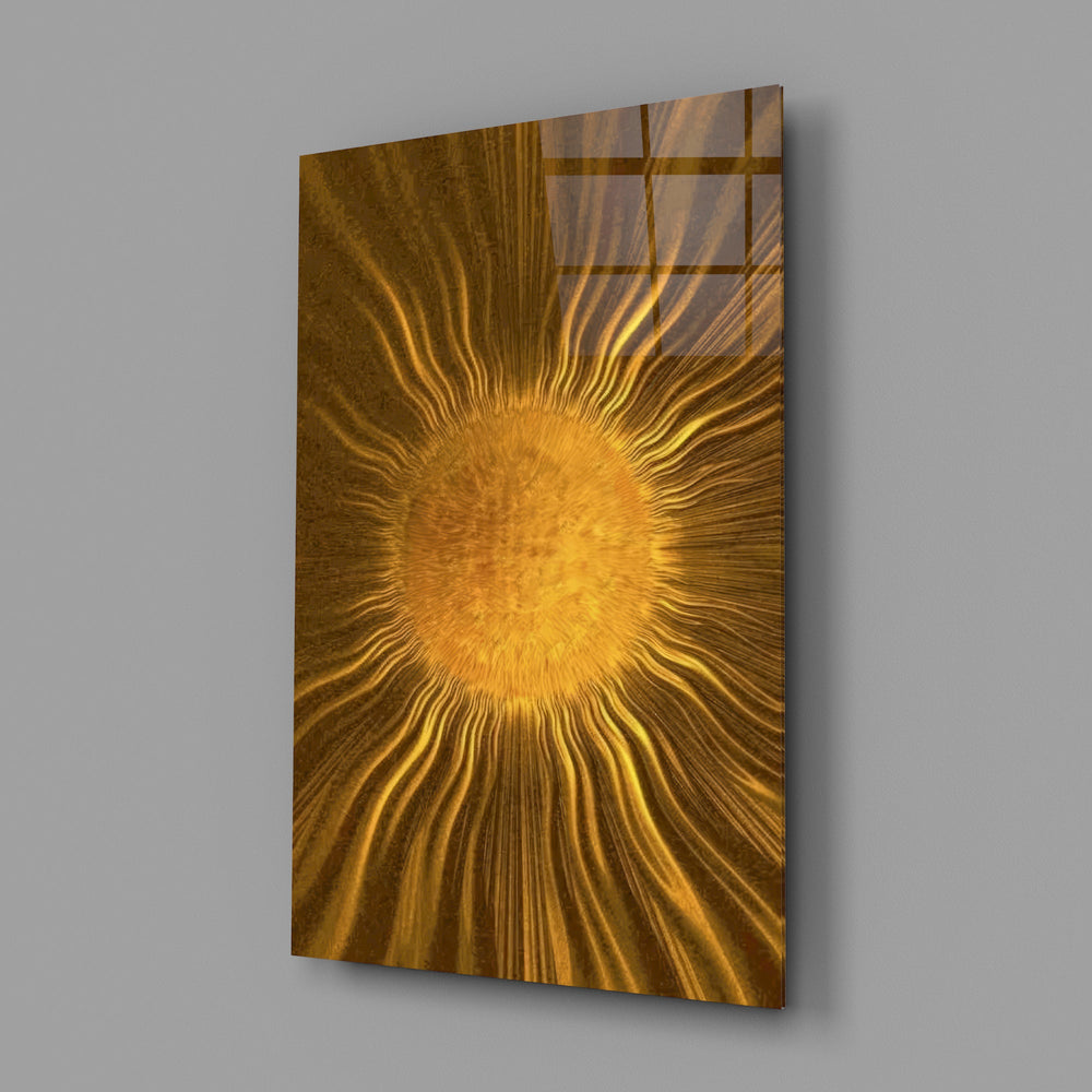 a radiant golden sunburst glass wall art angled to show the polished tempered glass panel