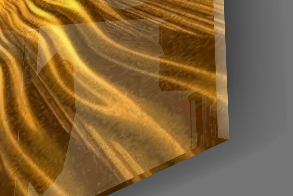 Close-up detail of the rippled metal rays spreading from the molten center on the glass surface