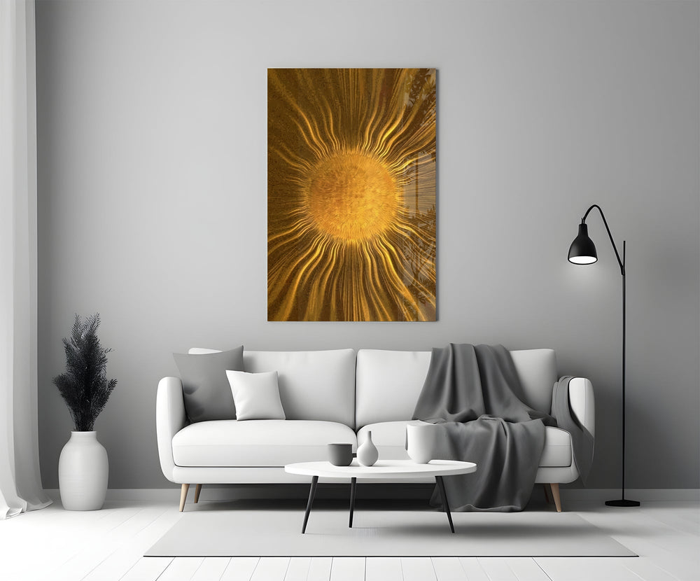 a radiant golden sunburst panel bringing character to a minimalist living room wall