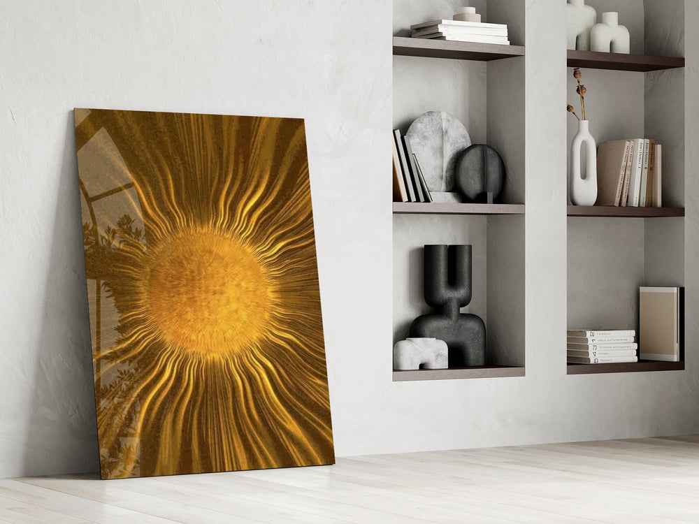 a radiant golden sunburst panel resting in a shelving niche in a modern interior