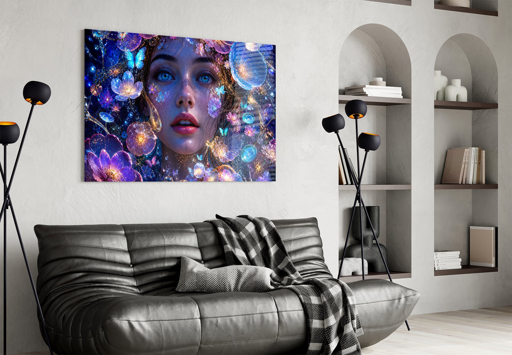 a blue-eyed woman among glowing flowers glass wall art styled above an armchair in a reading corner
