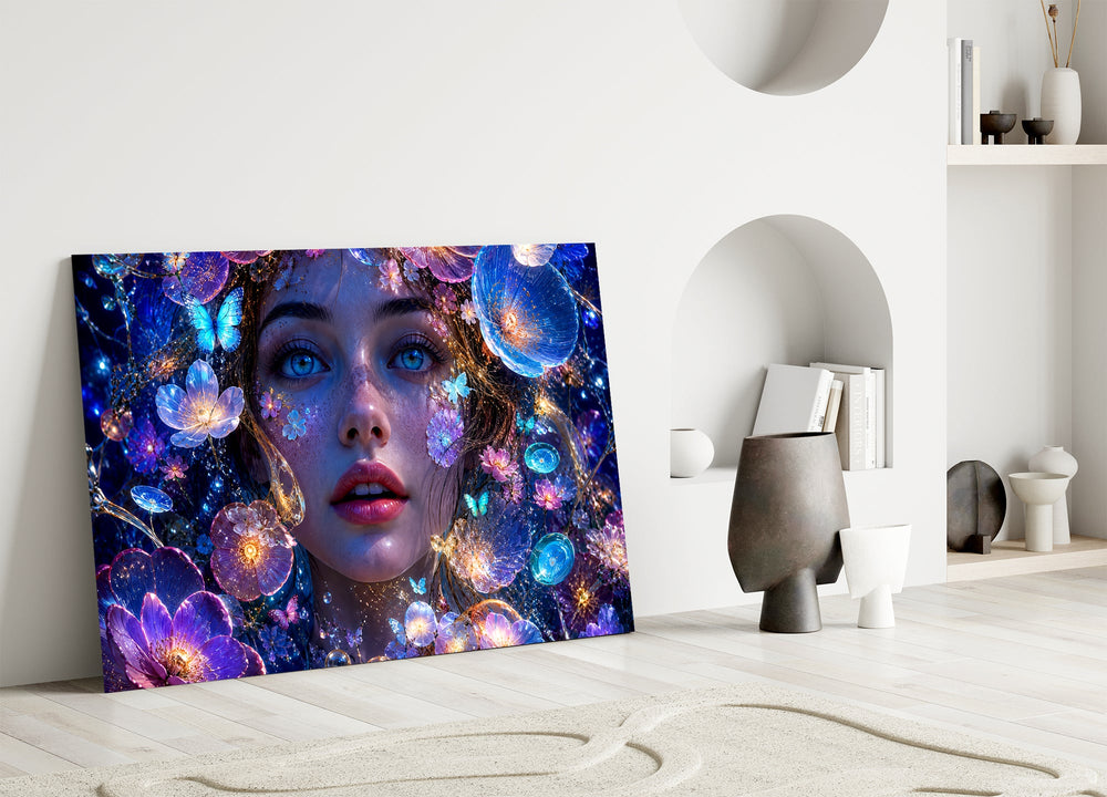 a blue-eyed woman among glowing flowers panel bringing character to a minimalist living room wall
