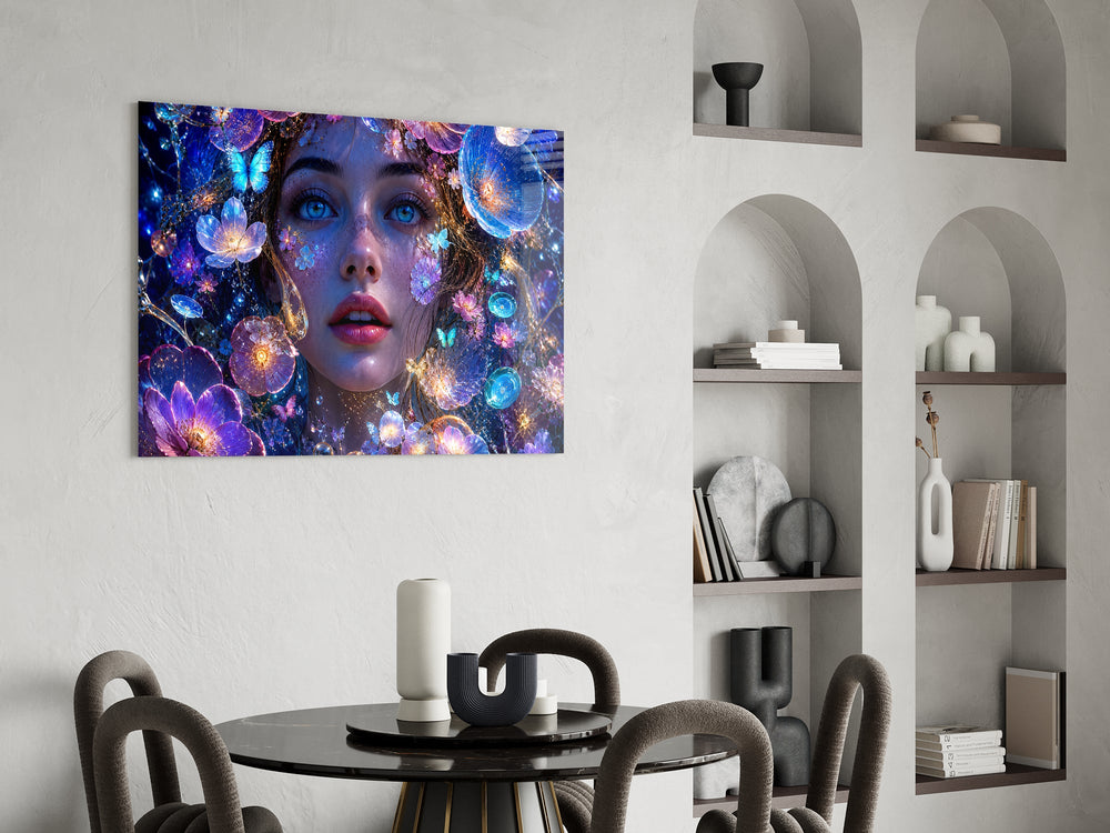 a blue-eyed woman among glowing flowers glass wall art leaning beside a dark leather sofa