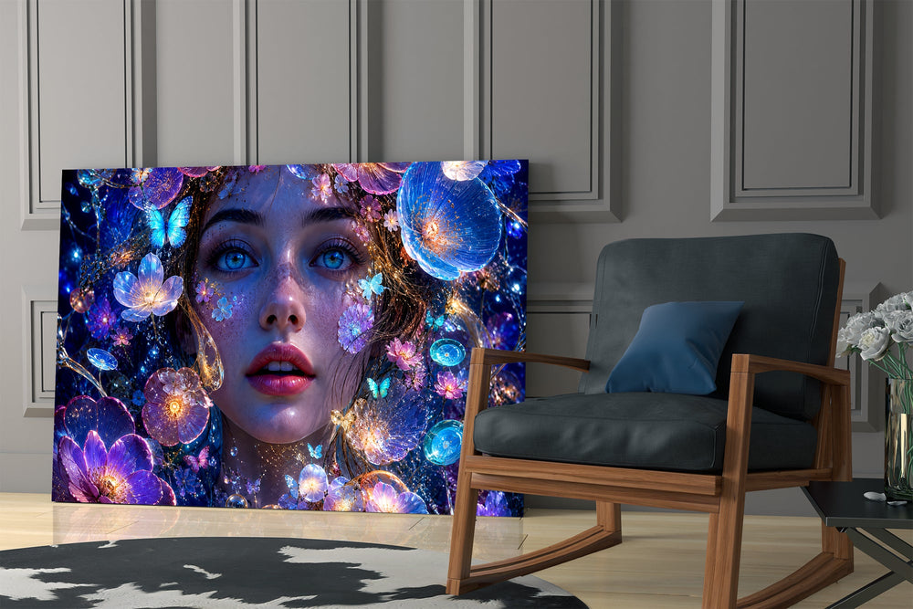 a blue-eyed woman among glowing flowers panel resting in a shelving niche in a modern interior