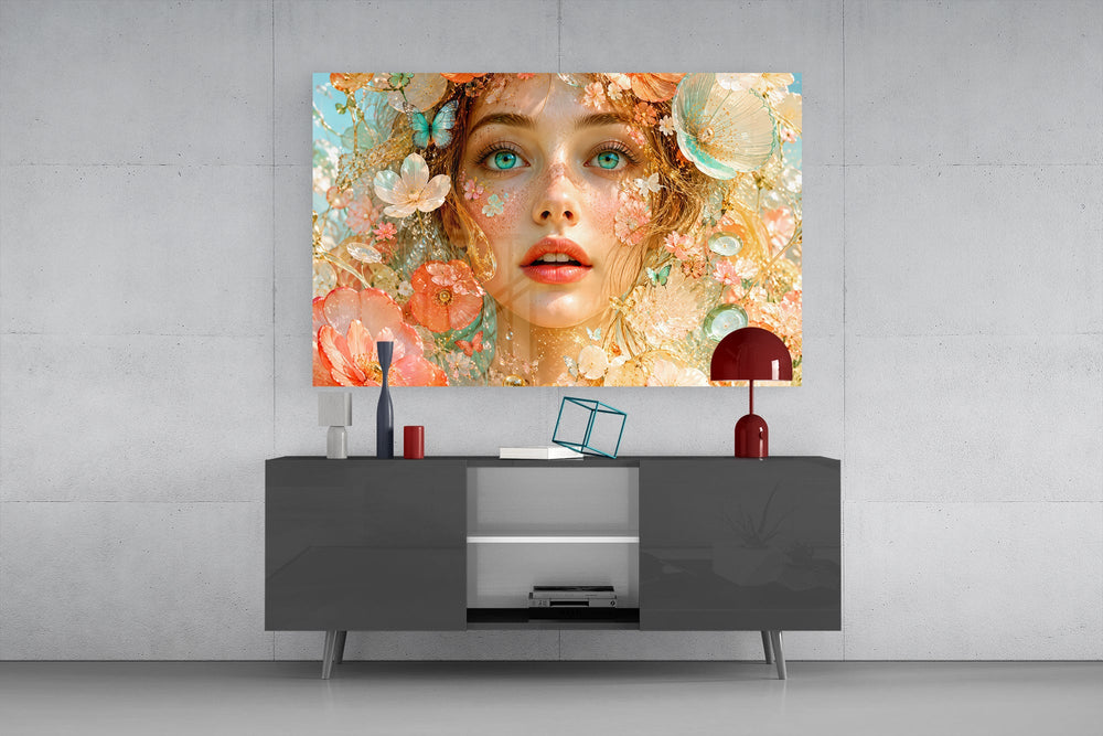 peach blossom dreamer portrait glass wall art displayed above a console in a designer interior