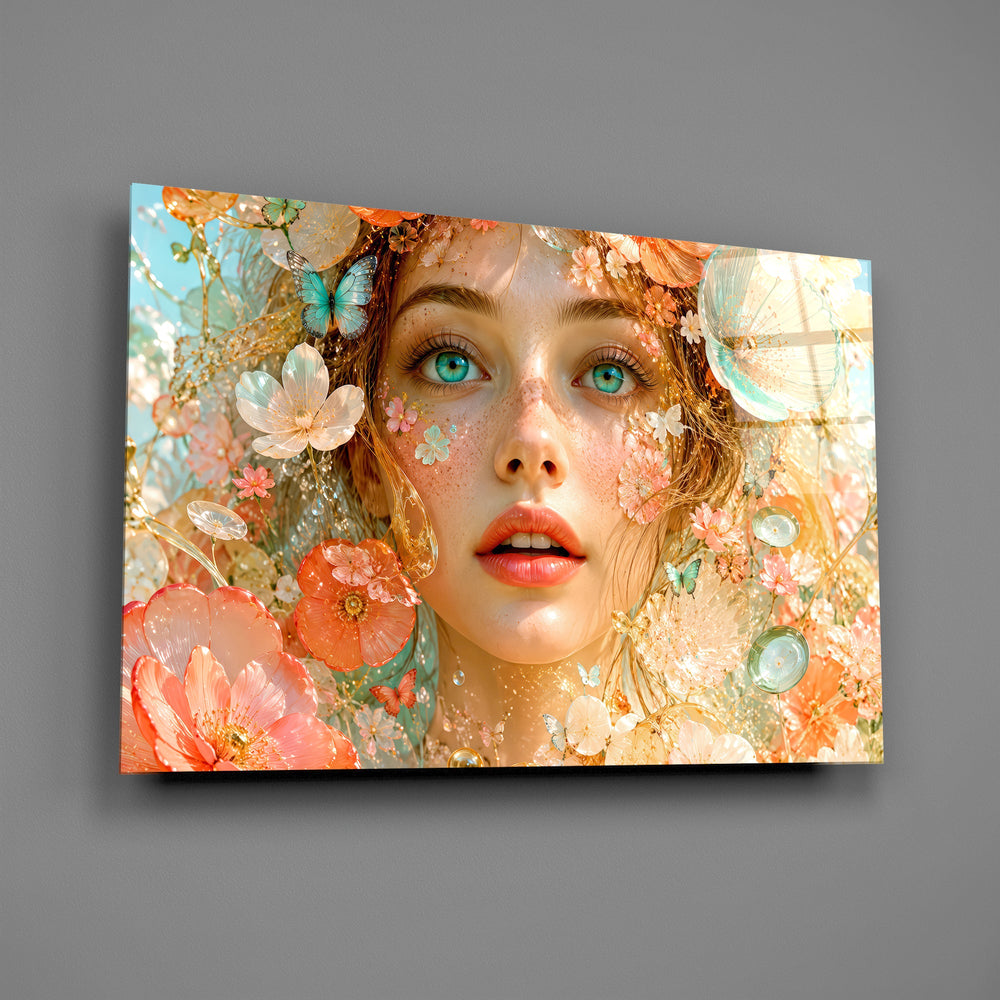 peach blossom dreamer portrait glass wall art angled to show the polished tempered glass panel