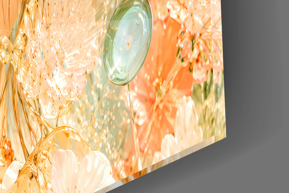 Close-up detail of the freckled cheek scattered with tiny glass petals on the glass surface