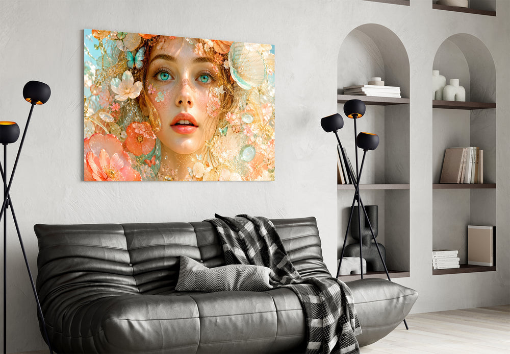 peach blossom dreamer portrait glass wall art styled above an armchair in a reading corner
