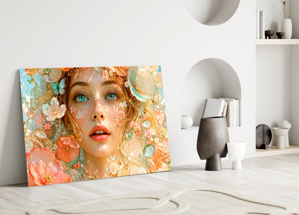 peach blossom dreamer portrait panel bringing character to a minimalist living room wall
