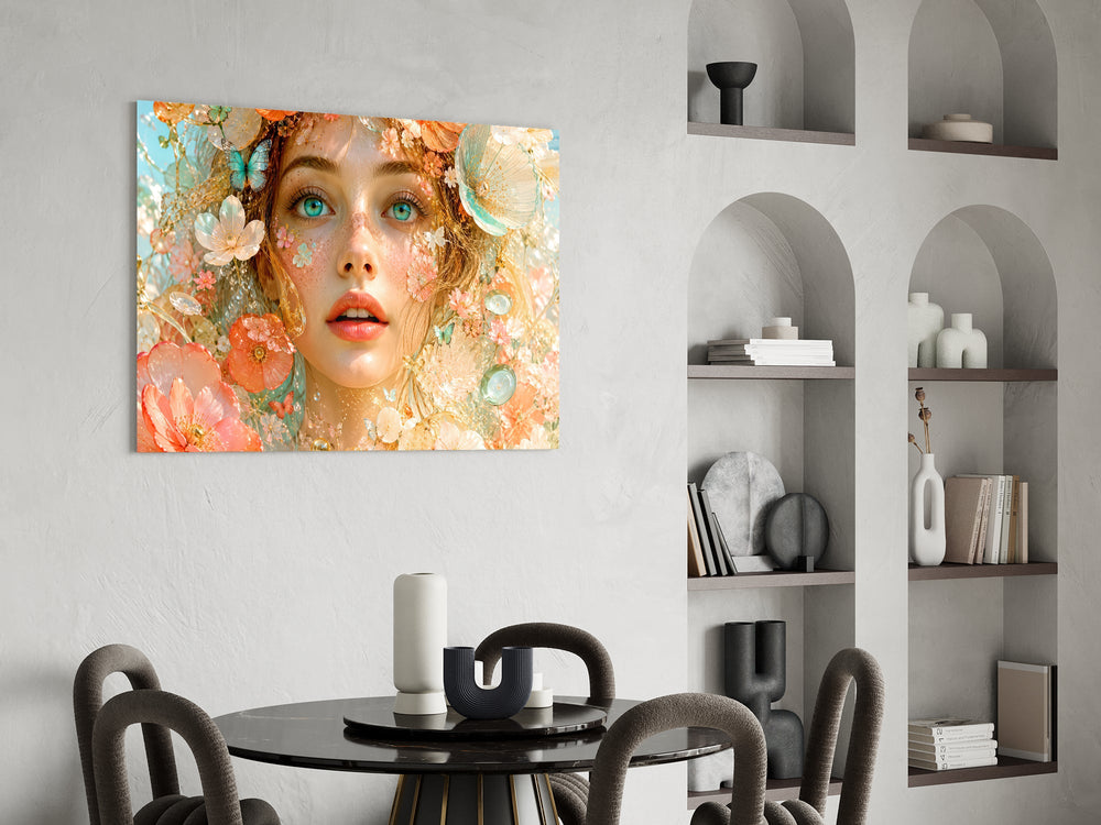 peach blossom dreamer portrait glass wall art leaning beside a dark leather sofa