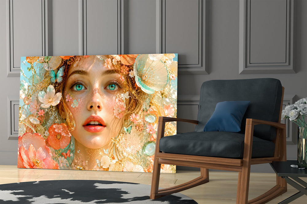 peach blossom dreamer portrait panel resting in a shelving niche in a modern interior