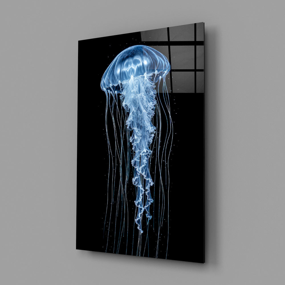 a blue jellyfish in black water glass wall art angled to show the polished tempered glass panel