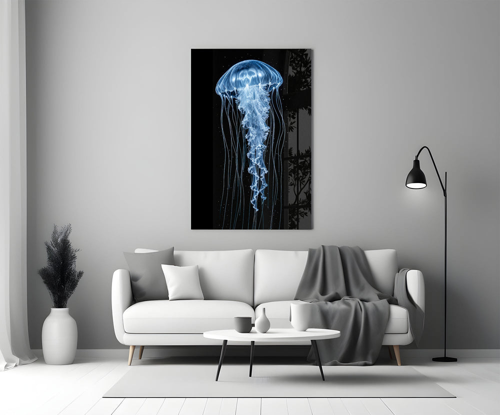 a blue jellyfish in black water panel bringing character to a minimalist living room wall