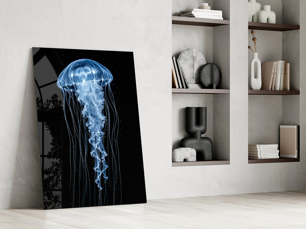 a blue jellyfish in black water panel resting in a shelving niche in a modern interior