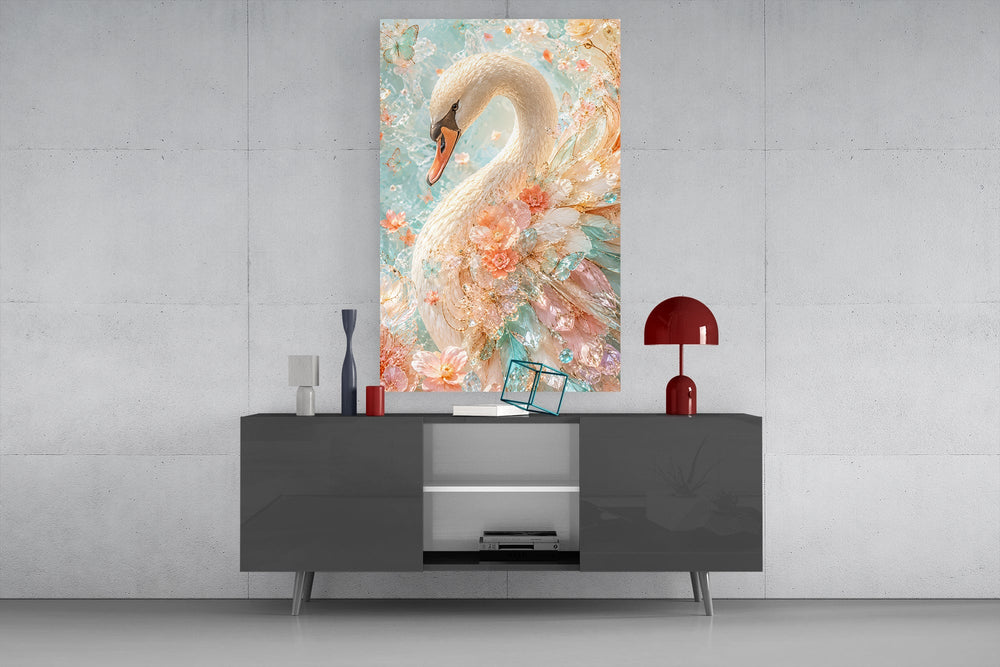 a white swan among peach and mint blossoms glass wall art displayed above a console in a designer interior