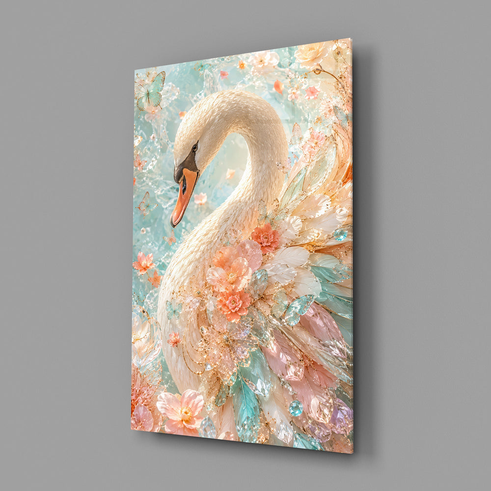 a white swan among peach and mint blossoms glass wall art angled to show the polished tempered glass panel