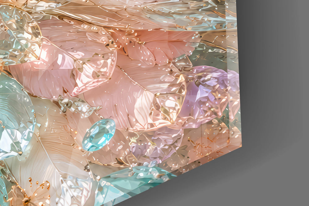 Close-up detail of the crystal tail feathers and coral peonies at the breast on the glass surface