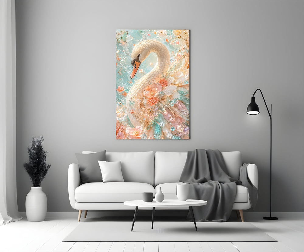 a white swan among peach and mint blossoms panel bringing character to a minimalist living room wall