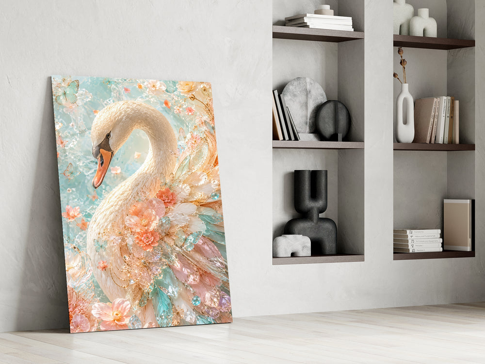 a white swan among peach and mint blossoms panel resting in a shelving niche in a modern interior