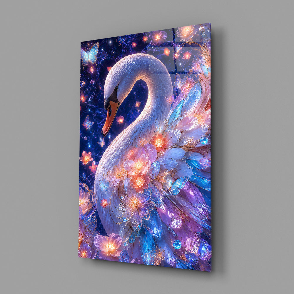 a white swan under a violet starlit sky glass wall art angled to show the polished tempered glass panel
