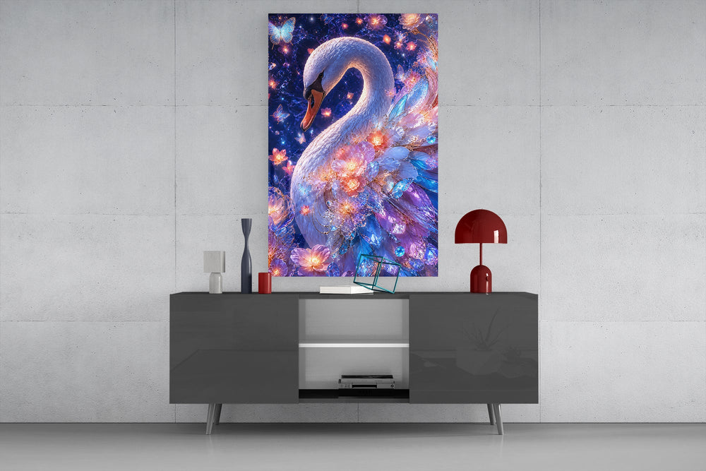 a white swan under a violet starlit sky glass wall art displayed above a console in a designer interior