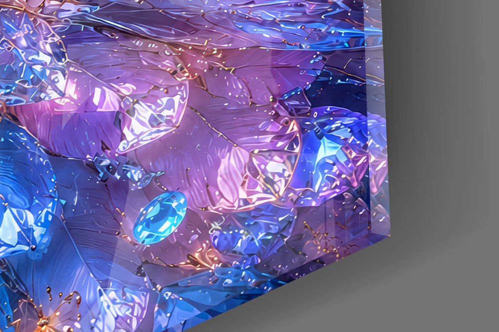 Close-up detail of the sapphire and amethyst tail plumes with glowing blossoms on the glass surface