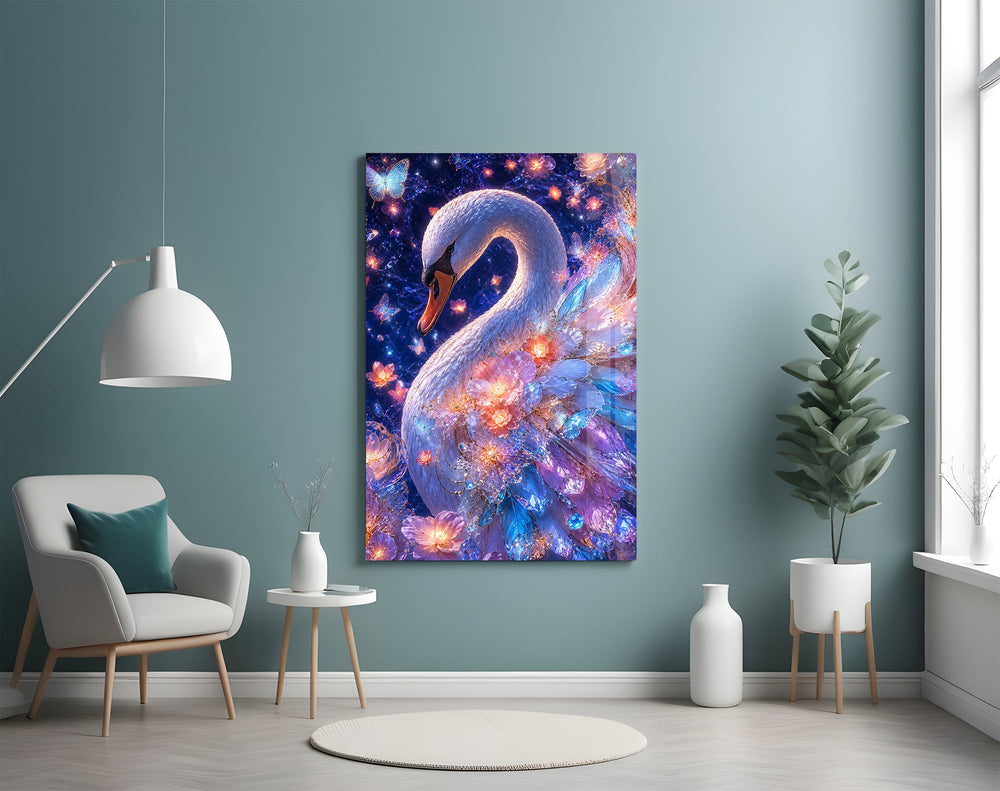 a white swan under a violet starlit sky glass wall art styled above an armchair in a reading corner