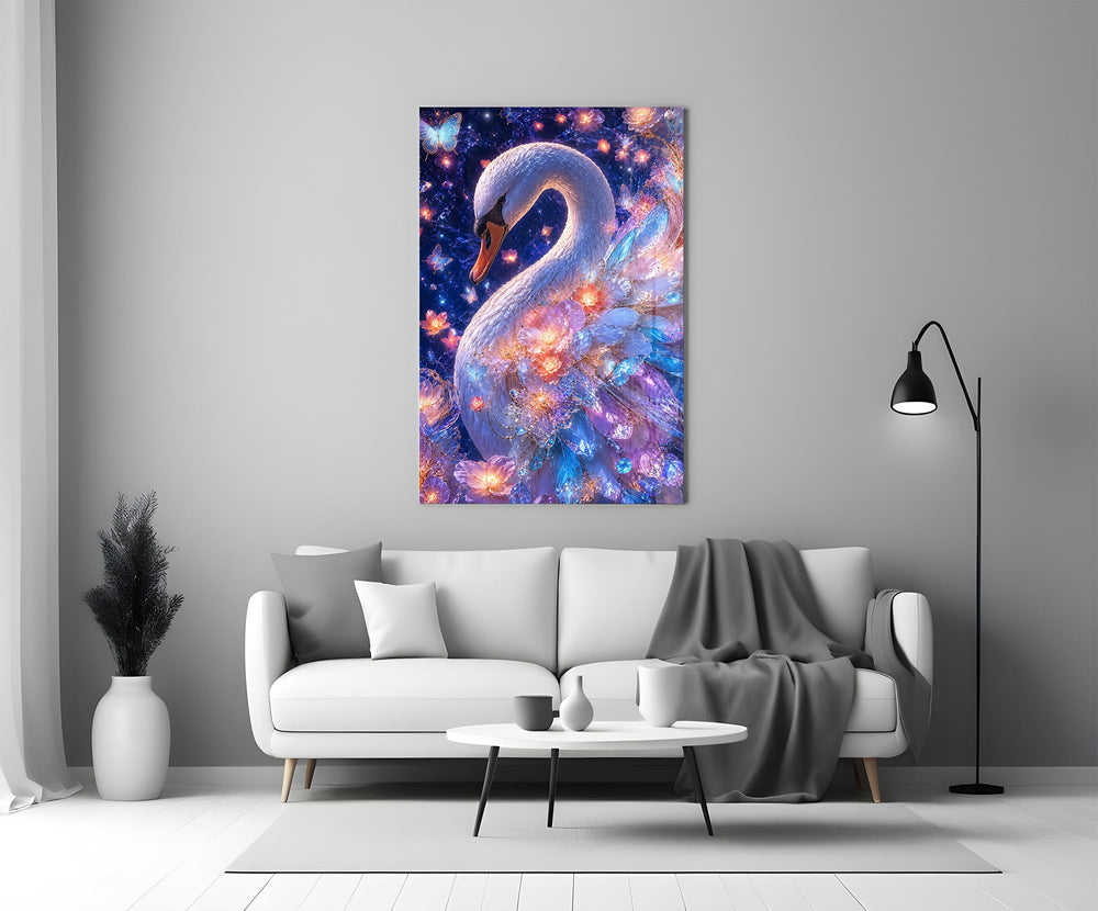 a white swan under a violet starlit sky panel bringing character to a minimalist living room wall