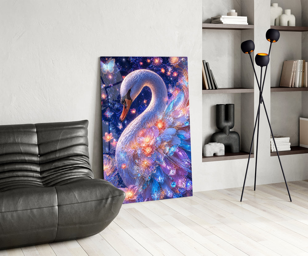 a white swan under a violet starlit sky glass wall art leaning beside a dark leather sofa