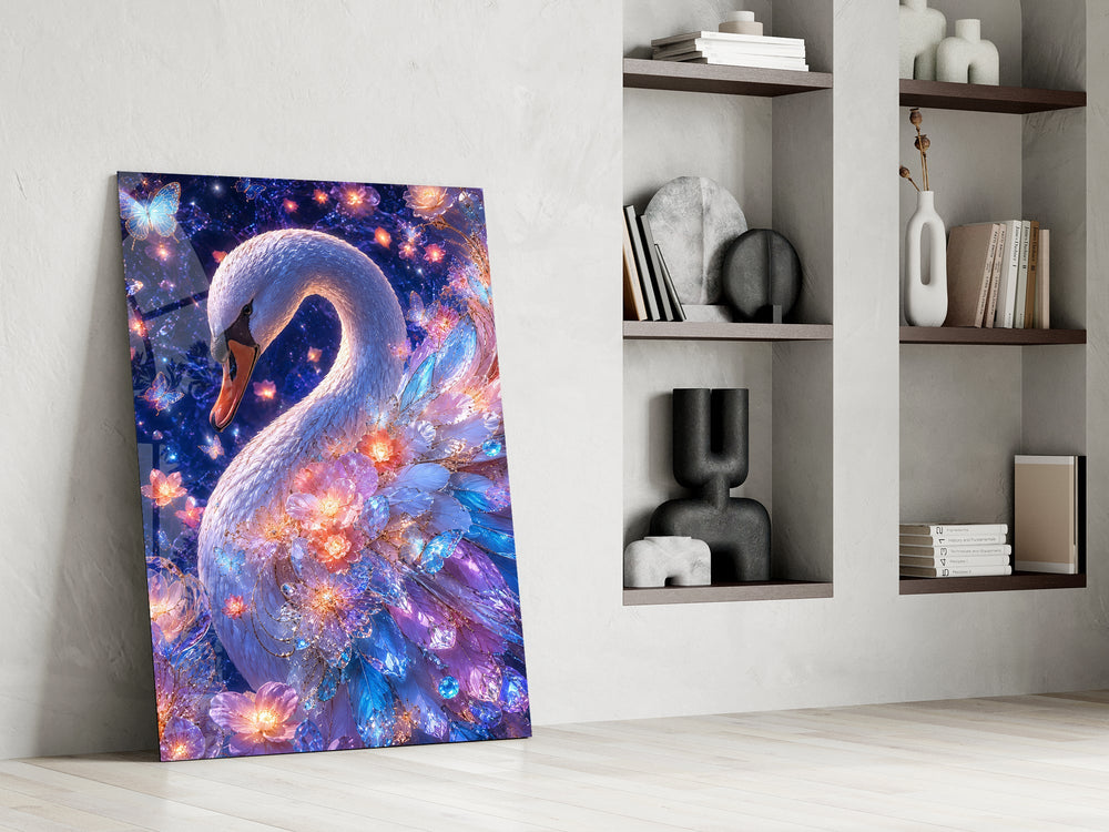 a white swan under a violet starlit sky panel resting in a shelving niche in a modern interior