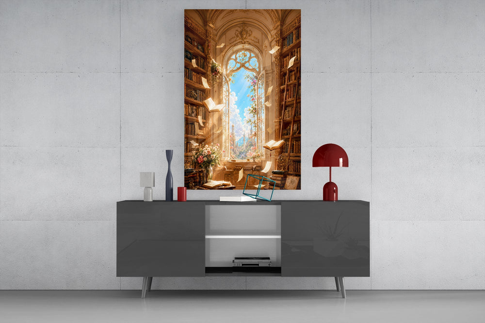 a sunlit library with floating pages glass wall art displayed above a console in a designer interior