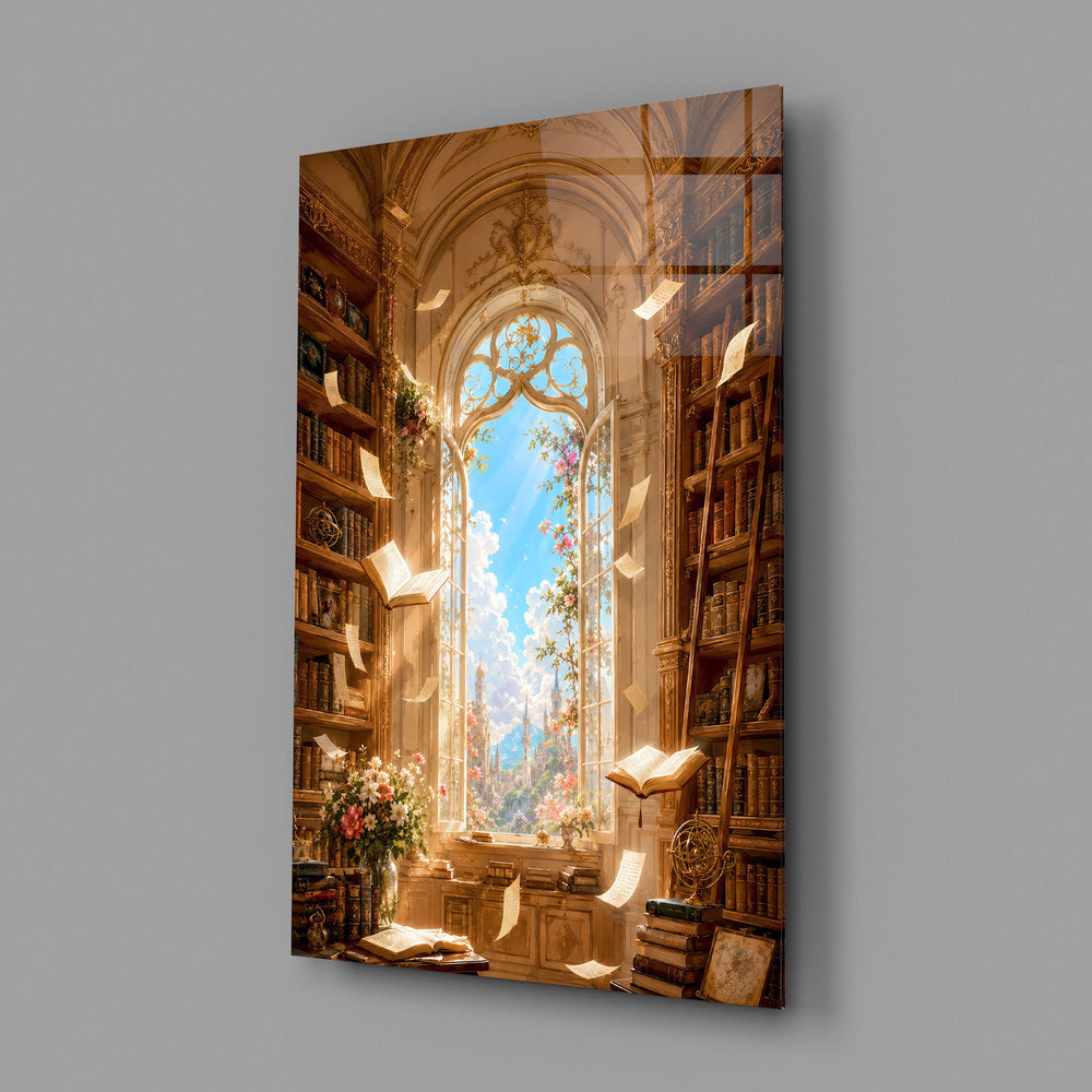 a sunlit library with floating pages glass wall art angled to show the polished tempered glass panel