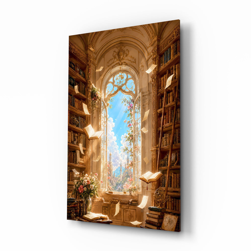 Floating Pages Sunlit Library Glass Wall Art - Lifestyle preview in a designer interior