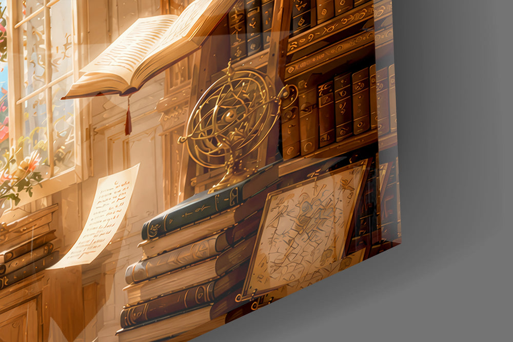 Close-up detail of the open books hanging mid-air beside the arched window on the glass surface