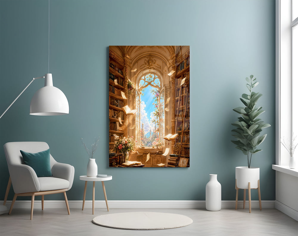 a sunlit library with floating pages glass wall art styled above an armchair in a reading corner