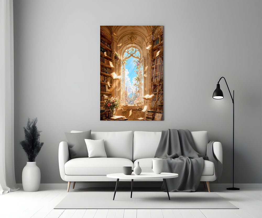 a sunlit library with floating pages panel bringing character to a minimalist living room wall