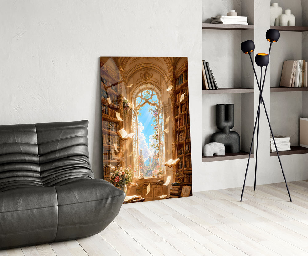 a sunlit library with floating pages glass wall art leaning beside a dark leather sofa
