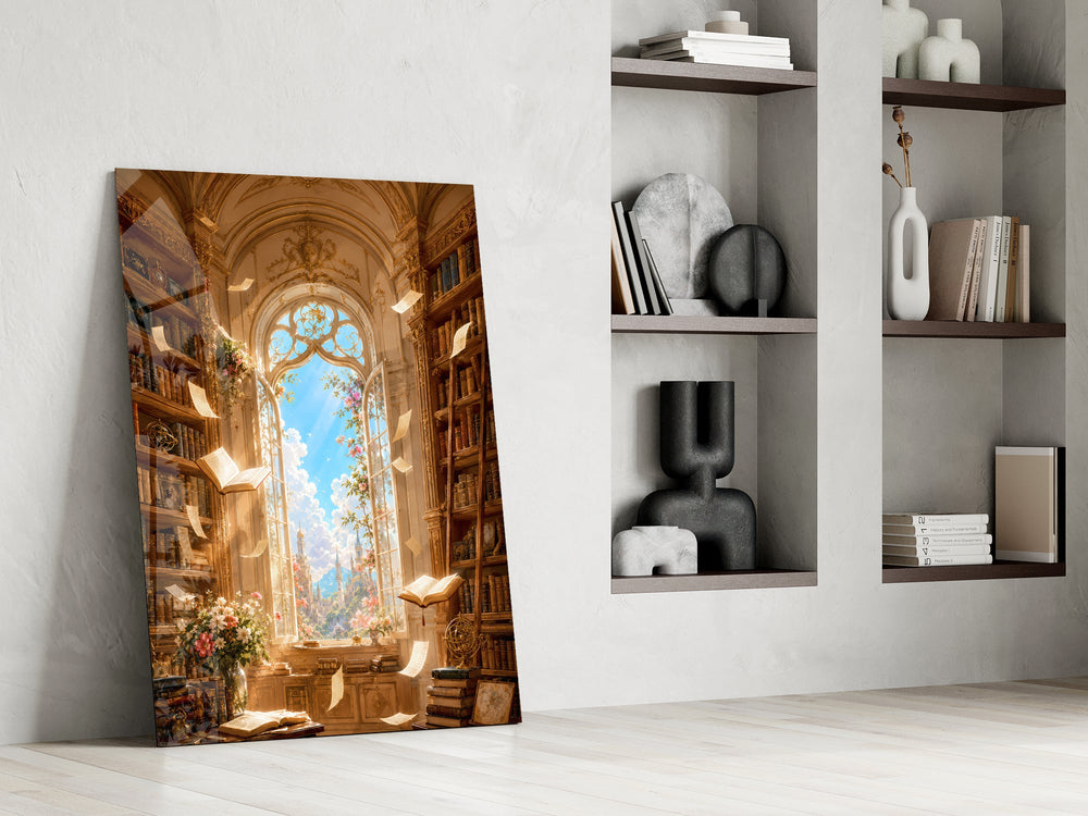 a sunlit library with floating pages panel resting in a shelving niche in a modern interior