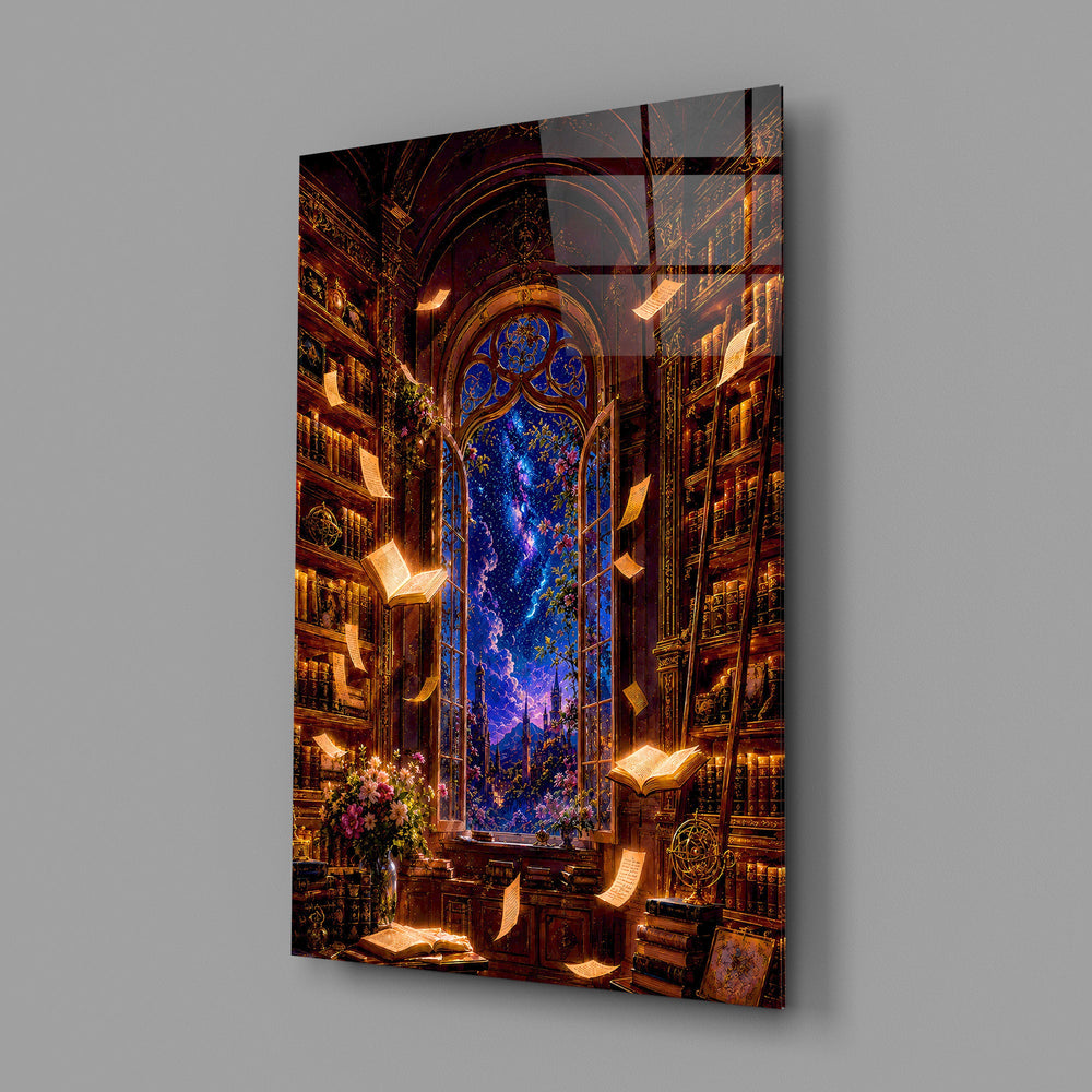 a candlelit library under a starlit sky glass wall art angled to show the polished tempered glass panel