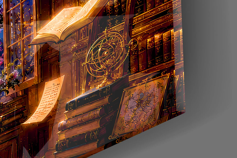 Close-up detail of the glowing open books suspended in the dark aisle on the glass surface