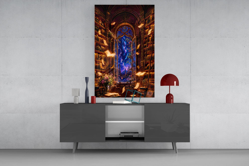 a candlelit library under a starlit sky glass wall art displayed above a console in a designer interior