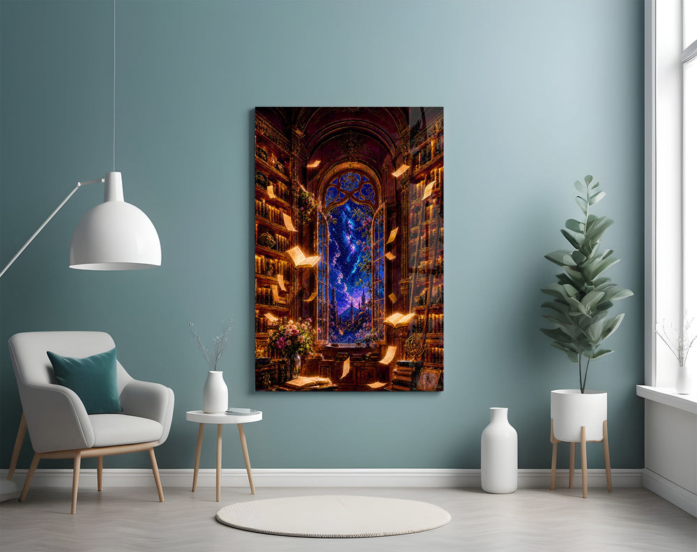 a candlelit library under a starlit sky glass wall art styled above an armchair in a reading corner