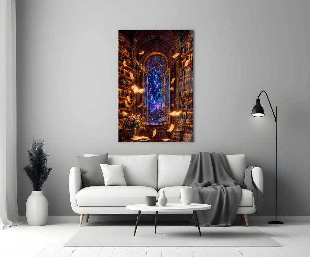 a candlelit library under a starlit sky panel bringing character to a minimalist living room wall