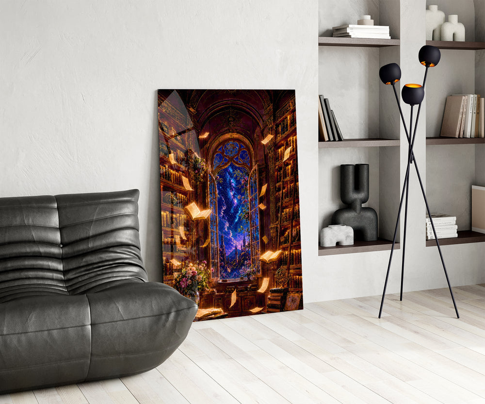 a candlelit library under a starlit sky glass wall art leaning beside a dark leather sofa