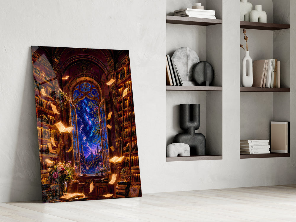 a candlelit library under a starlit sky panel resting in a shelving niche in a modern interior
