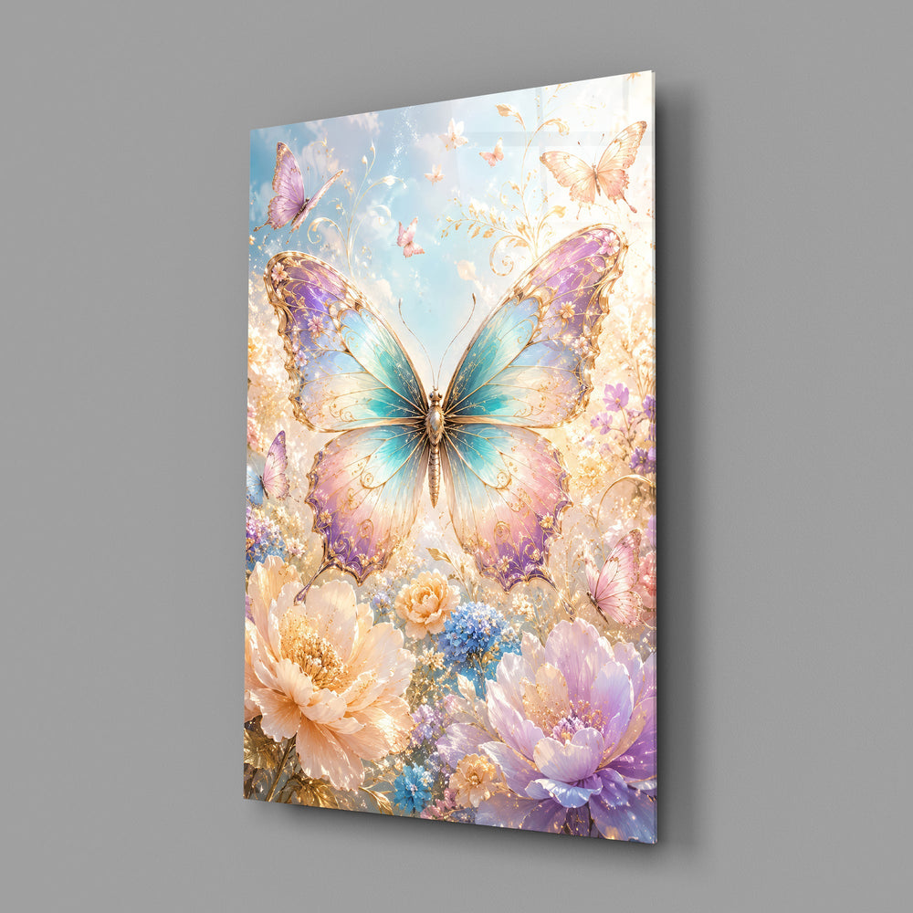 an iridescent butterfly over pastel flowers glass wall art angled to show the polished tempered glass panel