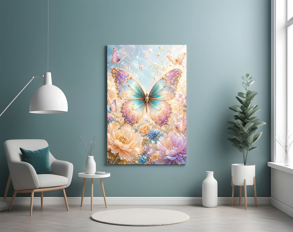 an iridescent butterfly over pastel flowers glass wall art styled above an armchair in a reading corner