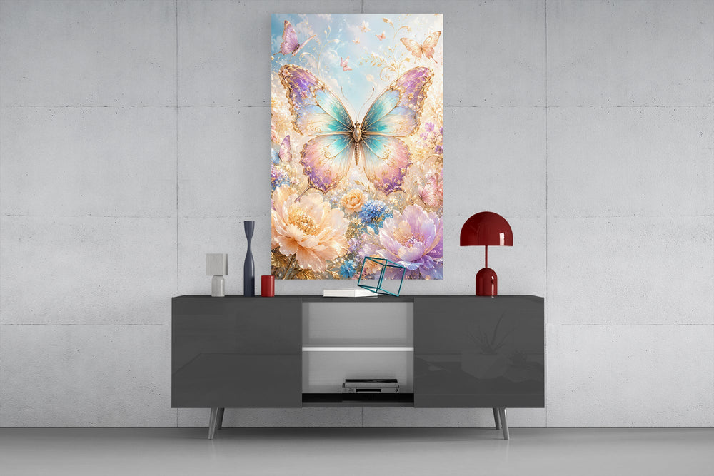 an iridescent butterfly over pastel flowers glass wall art displayed above a console in a designer interior