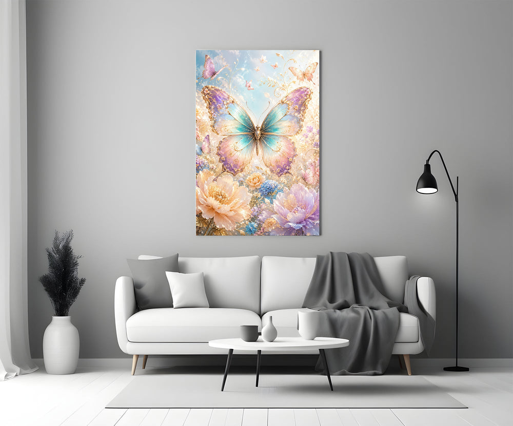 an iridescent butterfly over pastel flowers panel bringing character to a minimalist living room wall